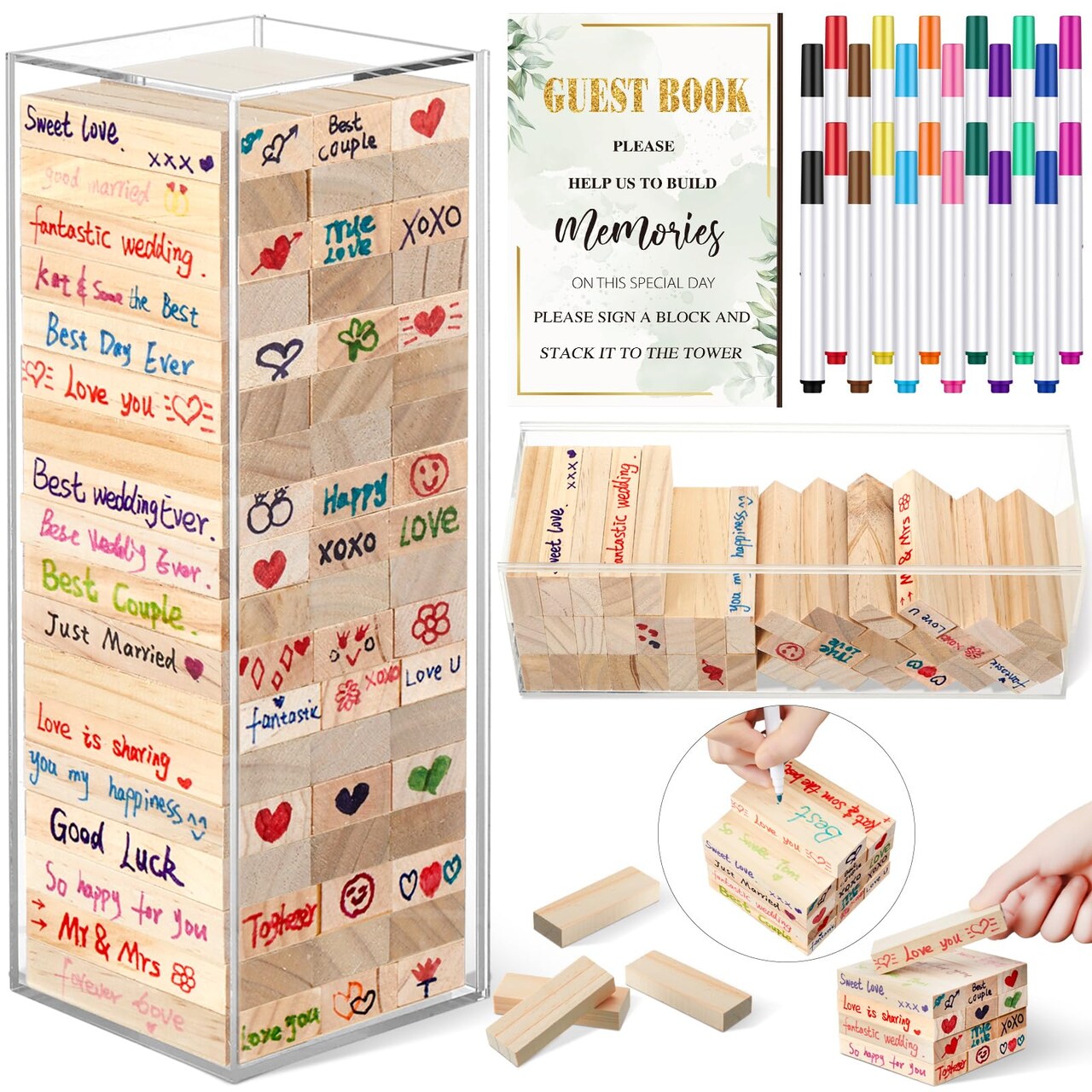 80 Pcs Wedding Guest Book Alternative Wooden Block Guest Book for Wedding Sign in Bridal Shower Decoration Wooden Block Bridal Shower Game for Sign in, Reception(Greenery)